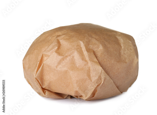 Fotomural Burger wrapped in craft paper isolated on white