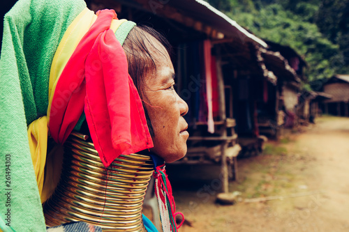 Plakat Portrait of long neck woman in traditional costume. Karen long neck tribe northern Thailand.