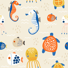 Seamless Childish Pattern With Octopus, Sea Horse, Fish,turtle.Creative Under Sea Summer Texture For Fabric, Wrapping, Textile, Wallpaper, Apparel. Vector Illustration
