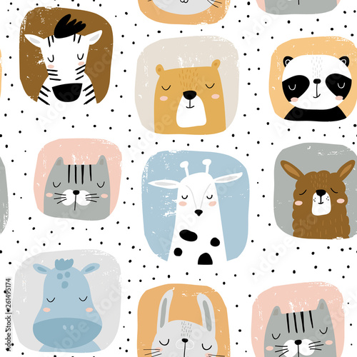 Obraz na plátne Seamless childish pattern with funny hand drawn animals portreits