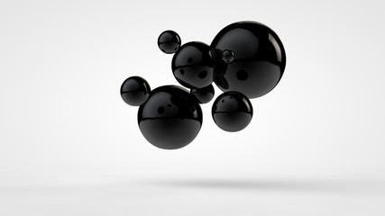 Poster - 3d image of black balls in space. balls of different sizes isolated on white background. abstract, f
