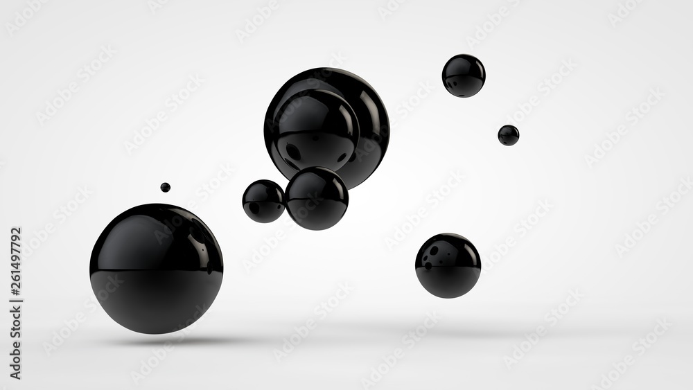 3D image of black balls in space. Balls of different sizes isolated on white background. Abstract, futuristic image of contrast of black and white. 3D rendering, illustration. - obrazy, fototapety, plakaty 