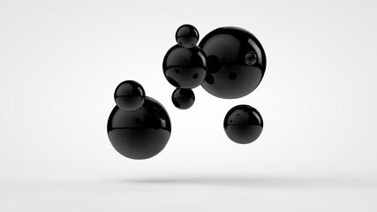 Poster - 3d image of black balls in space. balls of different sizes isolated on white background. abstract, f