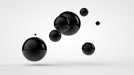 Poster - 3d image of black balls in space. balls of different sizes isolated on white background. abstract, f