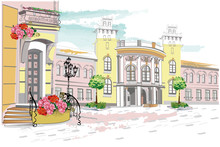 Series Of Backgrounds Decorated With Flowers, Old Town Views And Street Cafes.    Hand Drawn Vector Architectural Background With Historic Buildings. 