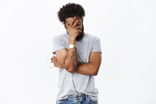 African American Guy Sick And Tired Actor Making Mistake During Rehearsal Making Facepalm Gesture From Irritation And Annoyance Standing Drained And Uneasy With Closed Eyes Over Gray Background
