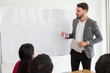 © iammotos - happy business man making a presentation on whiteboard . boss presenting strategy of marketing to goal of success with teamwork in meeting room with copy space empty whiteboard