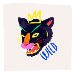 Wall Mural - Abstract neon wild panther with crown. Hand drawn trendy illustration. Colorful logo. Perfect for textile print