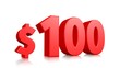 © Suchart - 100$ one hundred price symbol. red text 3d  render with dollar sign on white background