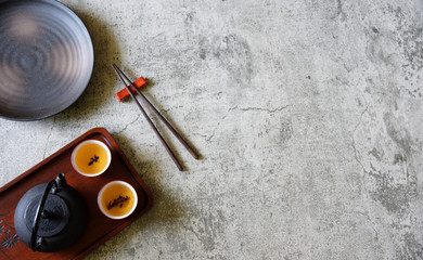 Top view set Chinese tea,chopsticks,dish,pot ,Copy space