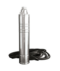 Submersible borehole pumps for supplying clean water from a great depth to the house, for watering the garden. Wells. Isoated on a white background. Automatic water supply to the station. With cable.