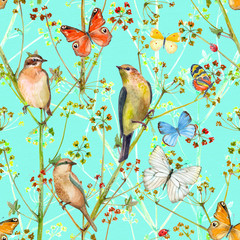 colorful nature seamless texture with birds and butterflies. watercolor painting