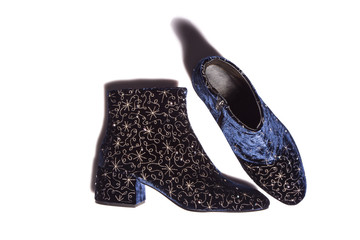 Velvet dark blue suede-trimmed embroidered mesh ankle boots. 