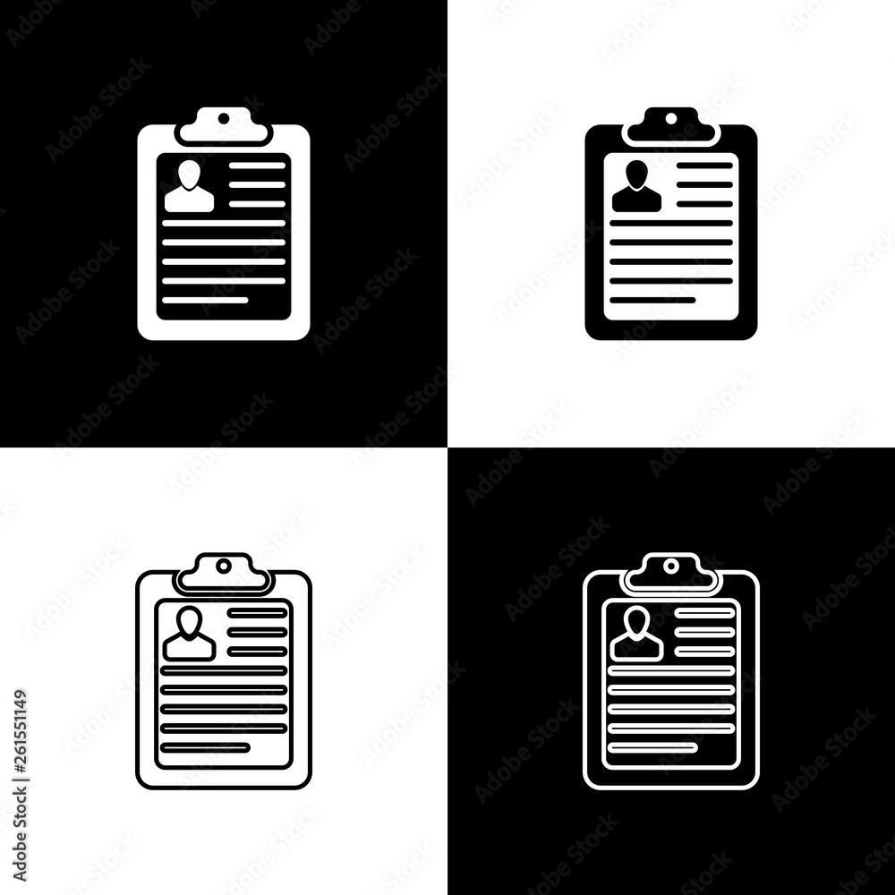 Set Clipboard with resume icons on black and white background. CV ...