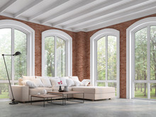 Loft Style Living Room 3d Render,There Are Concrete Floor,red Brick Wall And White Wooden Ceiling,Furnished With Brown Fabric Sofa,There Are Arch Shape Window Looking Out To The Natural View.