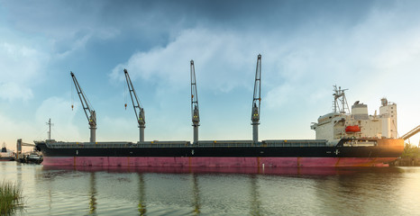 Panoramic view of a ship waiting to be loaded at the Port of Sacramento.