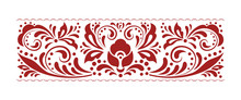 Vintage Ornate Seamless Border Pattern In Russian Traditional Folk Style. Swirl Floral Pattern Design Element Set. Ornamental Flourish Border. Ethnic Floral Ornament. Isolated Vector Illustration