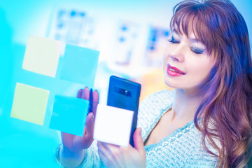 Poster - businesswoman. brunette fills plans for the day. the woman with the phone plans to meet. the girl at