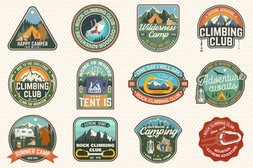 set of rock climbing club and summer camp badges. concept for shirt or print, stamp, patch or tee. v