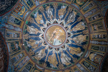 Mosaic Of The Ceiling Of The Baptistery Of The Orthodox (or Neoniano) In Ravenna. Italy..