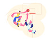 © Pavlo Syvak - Basketball Players in Action. Attack Man Putting Ball into Basket, Defender Preventing. Sport Team Presenting on Professional Tournament. Sportsman Score Goal in Game. Cartoon Flat Vector Illustration
