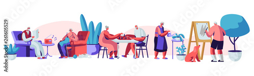 Fotografía Male and Female Senior People Spending Time in Nursing Home Engaging Hobby Listening Music, Painting, Playing Chess, Knitting