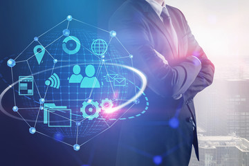 Poster - Confident businessman in city, internet interface