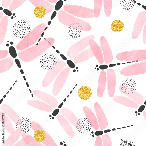 Seamless vector pink watercolor dragonfly pattern.