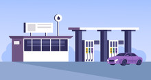 Gas Station Building With Car Parking. Vector Flat Cartoon Graphic Design Illustration