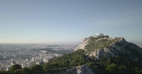 Wall Mural - Fwd Aerial Drone View Fly By Side Lycabettus Hill Reveal Athens Acropolis Greece
