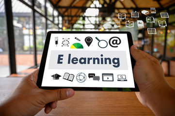 Poster - website woman sitting  inscription  E-learning Education Internet Online education e-learning
