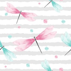 Wall Mural - Vector Seamless Pattern with Watercolor Dragonfly  .Perfect for postcards, greeting cards, wedding invitations