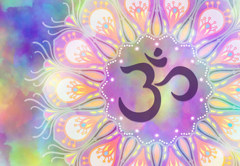 Wall Mural - Abstract mandala graphic design and diwali om hinduism symbol with watercolor digital painting for decorative elements backgrounds