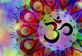 Wall Mural - Abstract mandala graphic design and diwali om hinduism symbol with watercolor digital painting for decorative elements backgrounds