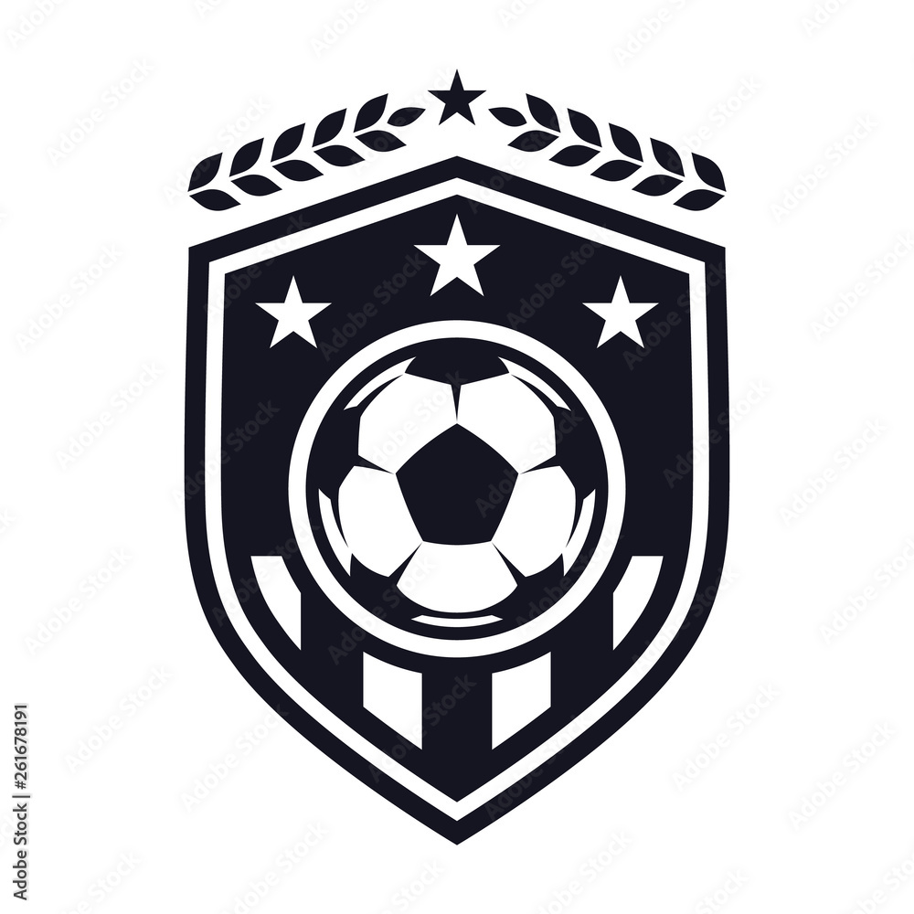 Football flat icon, soccer ball, shield with stars and laurel wreath ...