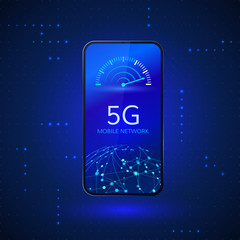 Poster - 5g network wireless systems and internet. communication network. mobile phone with internet speed in