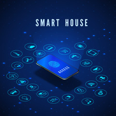 Poster - smart house banner. smartphone with fingerprint on screen and icons set. smart home monitoring and c