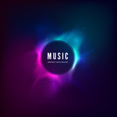 Poster - Radial sound wave curve with light particles. Colorful equalizer visualisation. Abstract colorful cover for music poster and banner. Vector illustration background