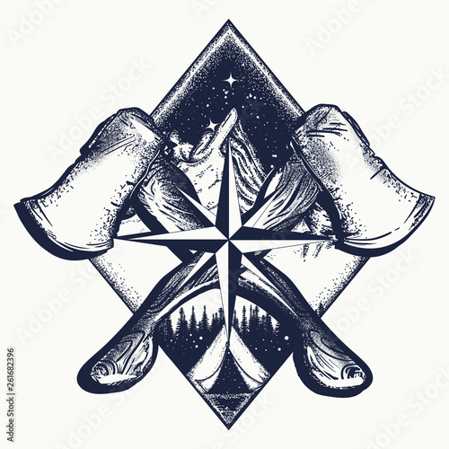 Crossed Axes Azimuth Compass Camping Tent And Mountains Tattoo And T Shirt Design Night Outdoors Symbol Of Travel Camping Wild Nature And Survival Buy This Stock Vector And Explore Similar Vectors At