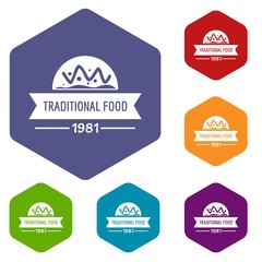 Wall Mural - Traditional food icons vector colorful hexahedron set collection isolated on white 