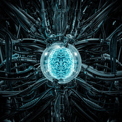 The brain pod / 3D illustration of science fiction scene showing glowing human brain inside complex futuristic glass globe computer machinery