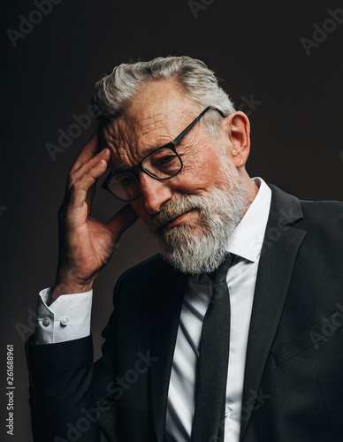 Pensive Bearded Grey Haired Stylish Elderly Business Man In Formal
