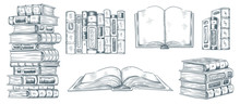 Hand Drawing Books. Drawn Sketch Of Literature. School Or College Students Library Book Illustration Vector Collection