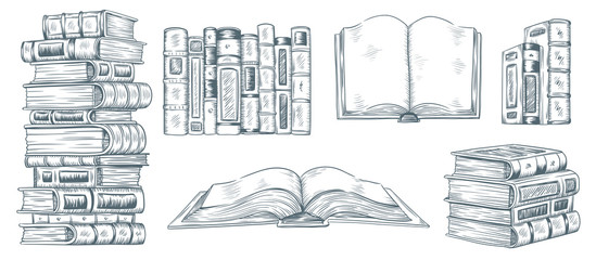 hand drawing books. drawn sketch of literature. school or college students library book illustration