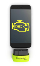 Car diagnostic concept Close up of OBD2 wireless scanner with smartphone on white background 3d illustration