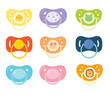 Set of children's pacifiers. Baby care equipment. Vector illustration.