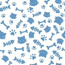 Cat Boy Pattern. Blue Paw Animal Footprints And Bones. Cat Dog Paws Wallpaper, Cute Puppy Pet Cartoon Vector Seamless Background