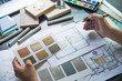 © Chaosamran_Studio - Architect designer Interior creative working hand drawing sketch plan blue print selection material color samples art tools Design Studio