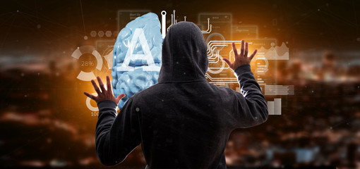 Poster - Hacker man holding artificial intelligence icon with half brain and half circuit 3d rendering