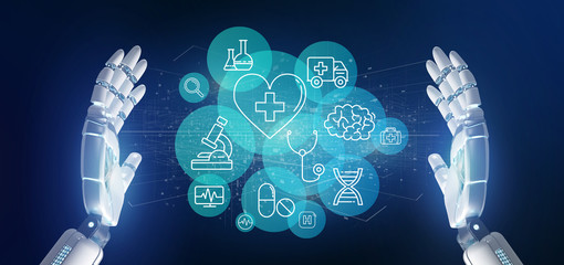 Poster - cyborg hand holding a medical icon and connection 3d rendering